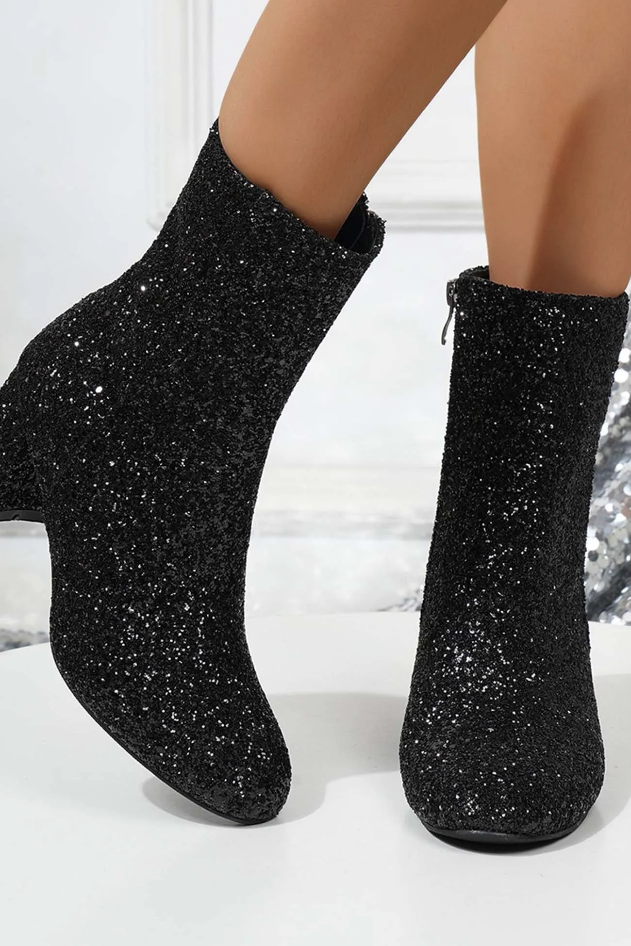 Sequined Block Heels Ankle Heels