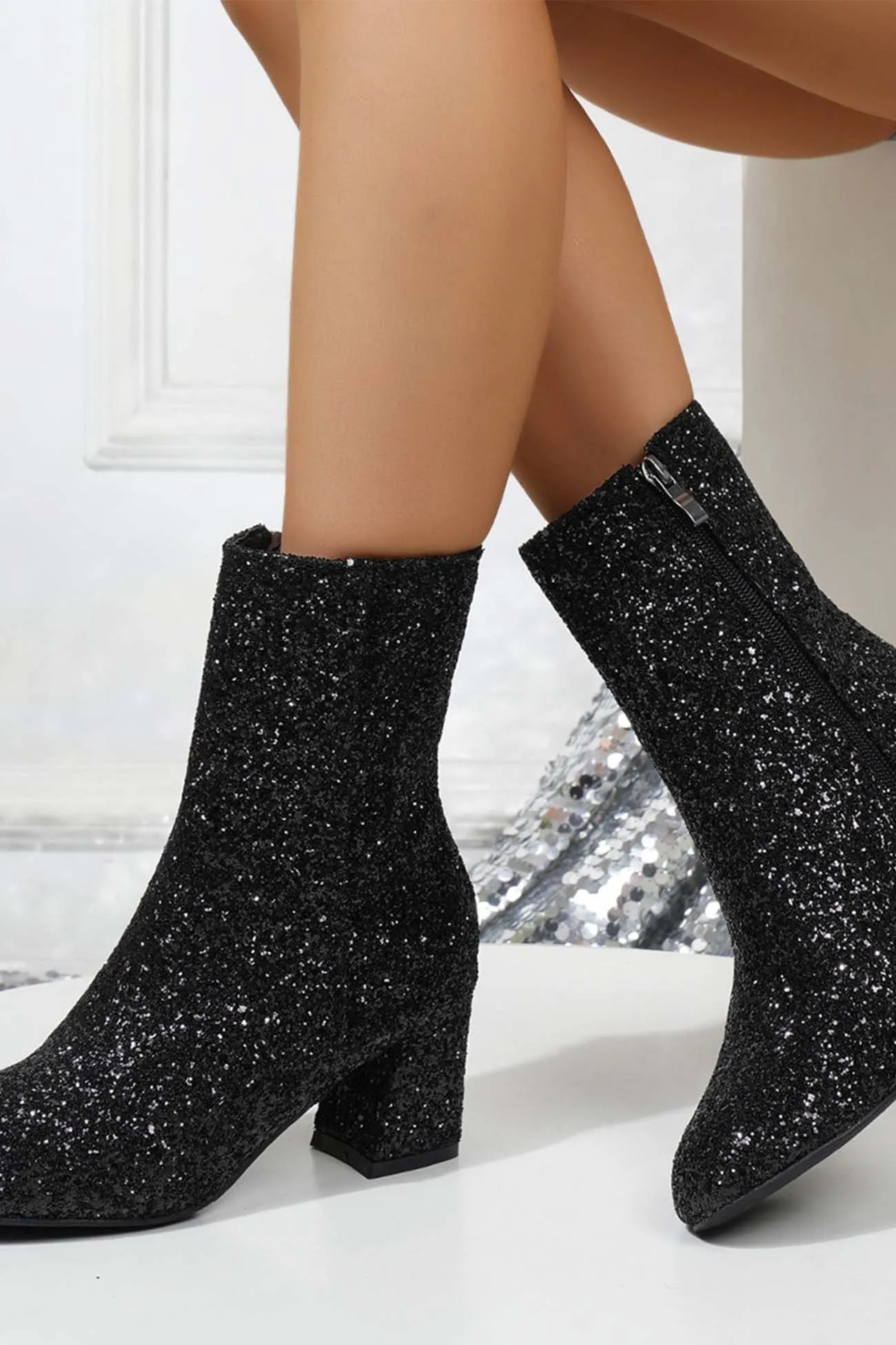 Sequined Block Heels Ankle Heels