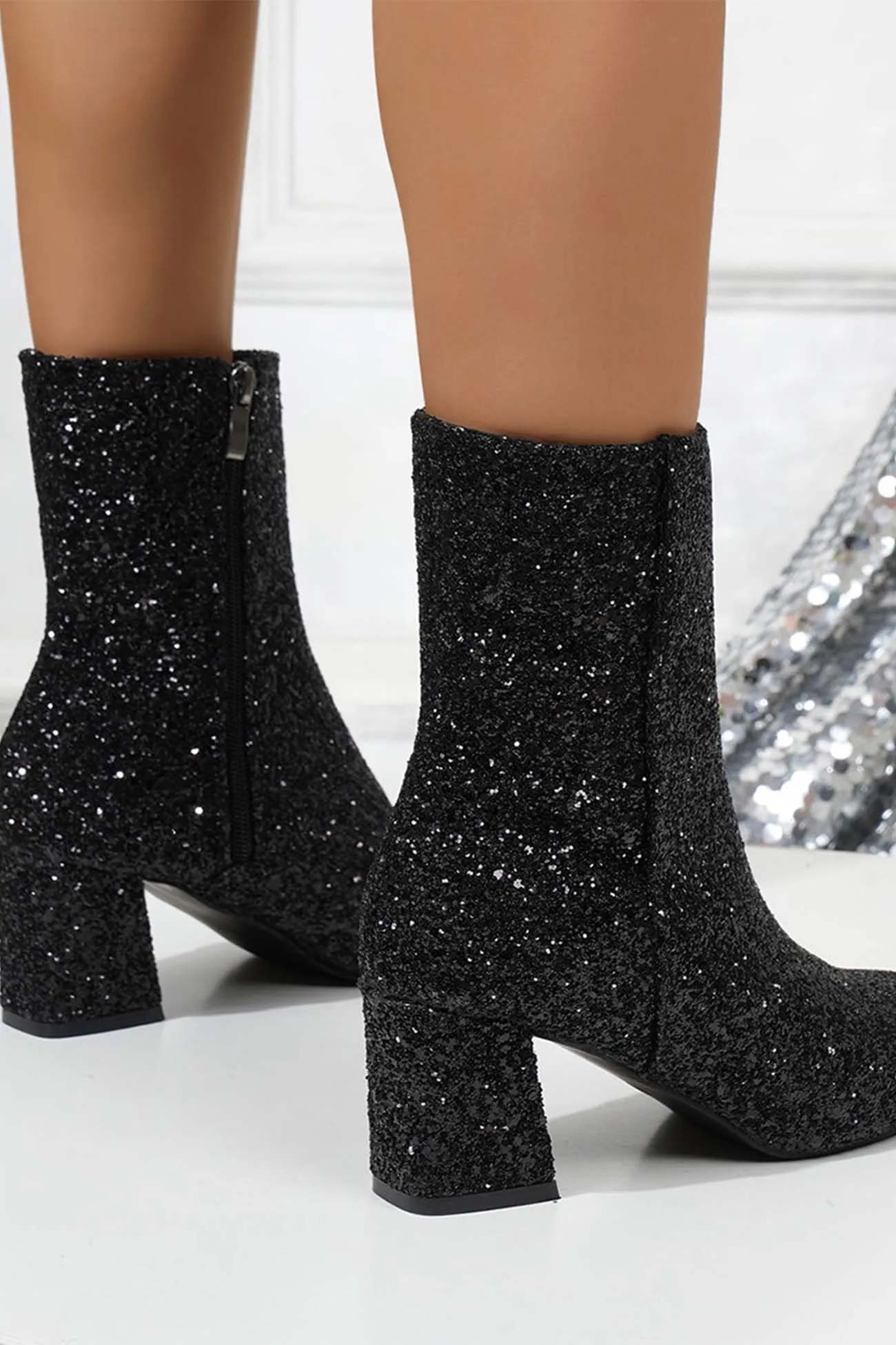 Sequined Block Heels Ankle Heels