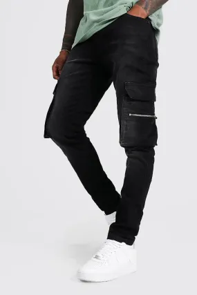 Skinny Stretch Zip Multi Pocket Cargo Jeans | boohooMAN UK