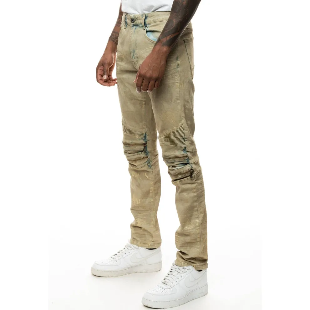 Slim Waxed Zipper Moto Jeans - Hazelnut