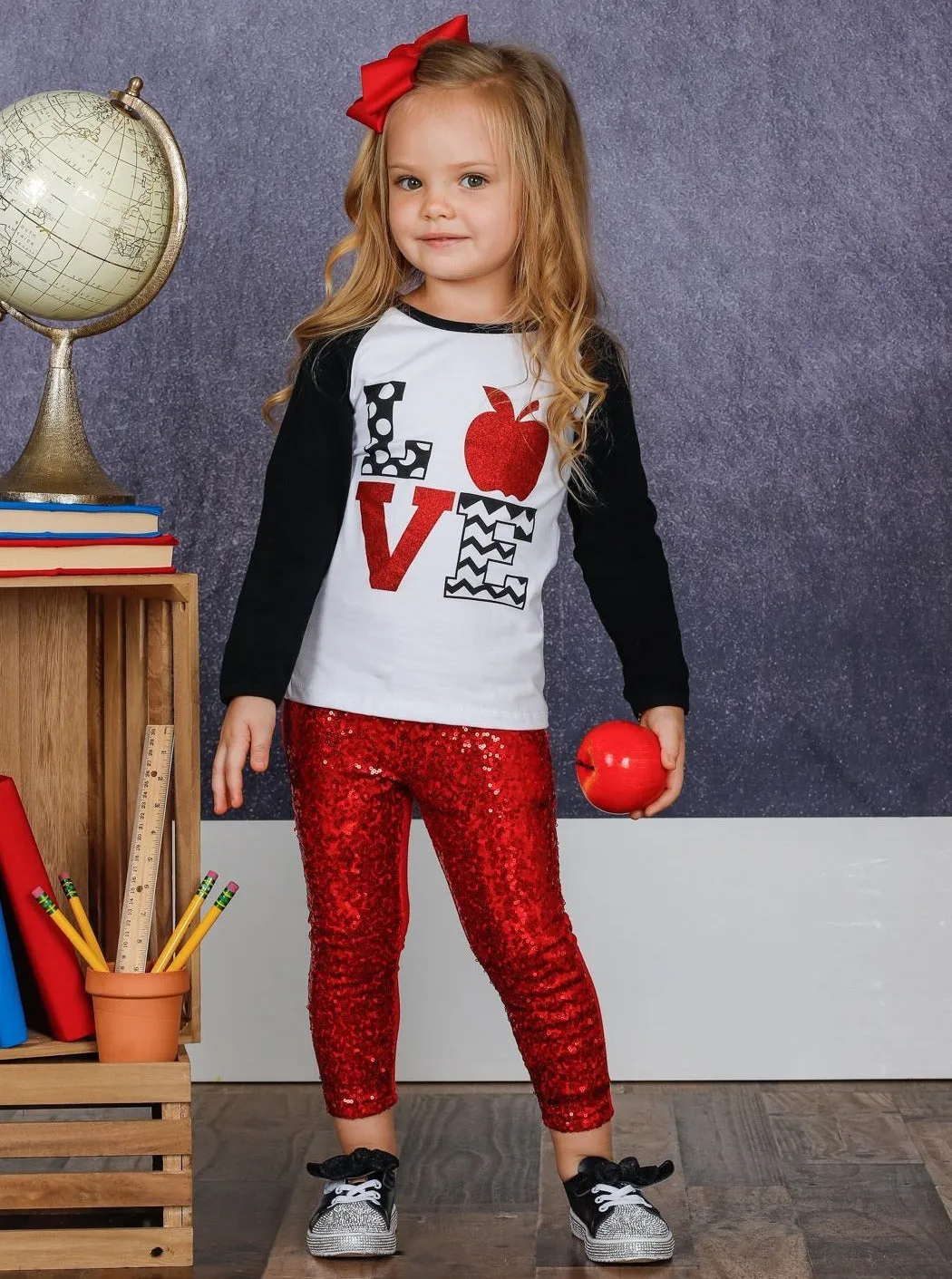 Sparkle Love Apple Top And Sequin Legging Set