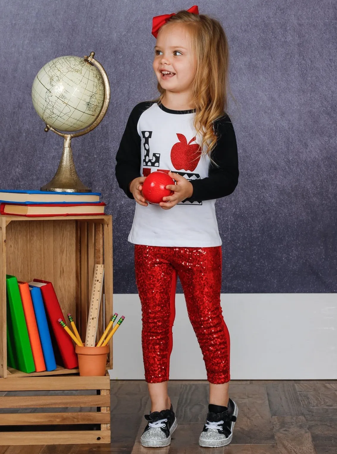 Sparkle Love Apple Top And Sequin Legging Set