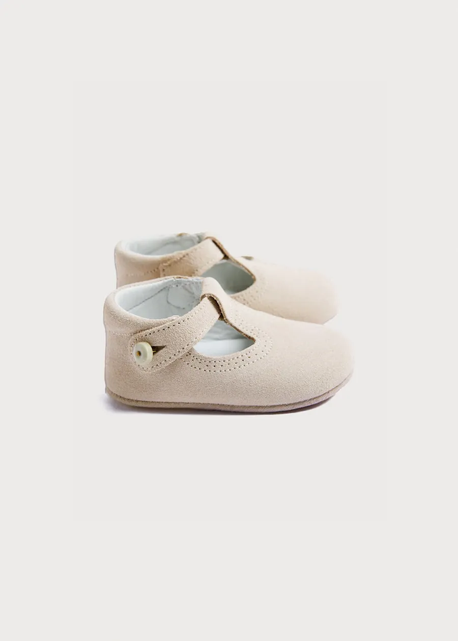 Suede T-Bar Pram Shoes in Beige (17-20EU)