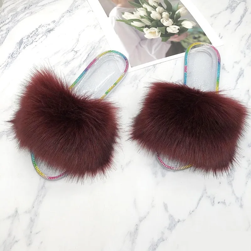 Summer Casual Wine Red Synthetic Fur Crystal House Slippers for Women