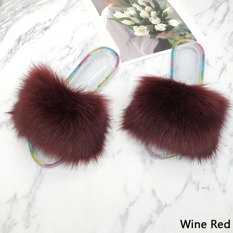 Summer Casual Wine Red Synthetic Fur Crystal House Slippers for Women