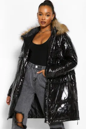 Tall Faux Fur Hood High Shine Padded Coat