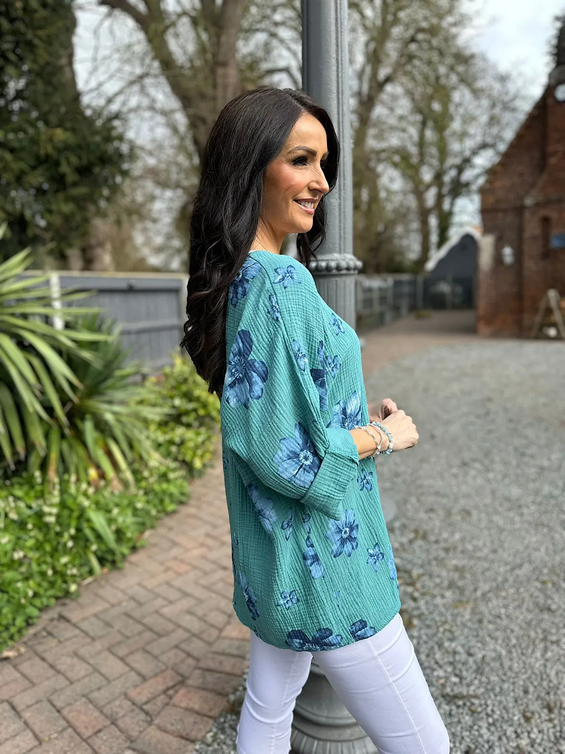 Teal Bubble Cotton Flower Top Pippa