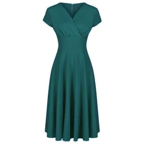 Teal Green Crossover Top Cap Sleeve Vintage A Line Swing Tea Dress