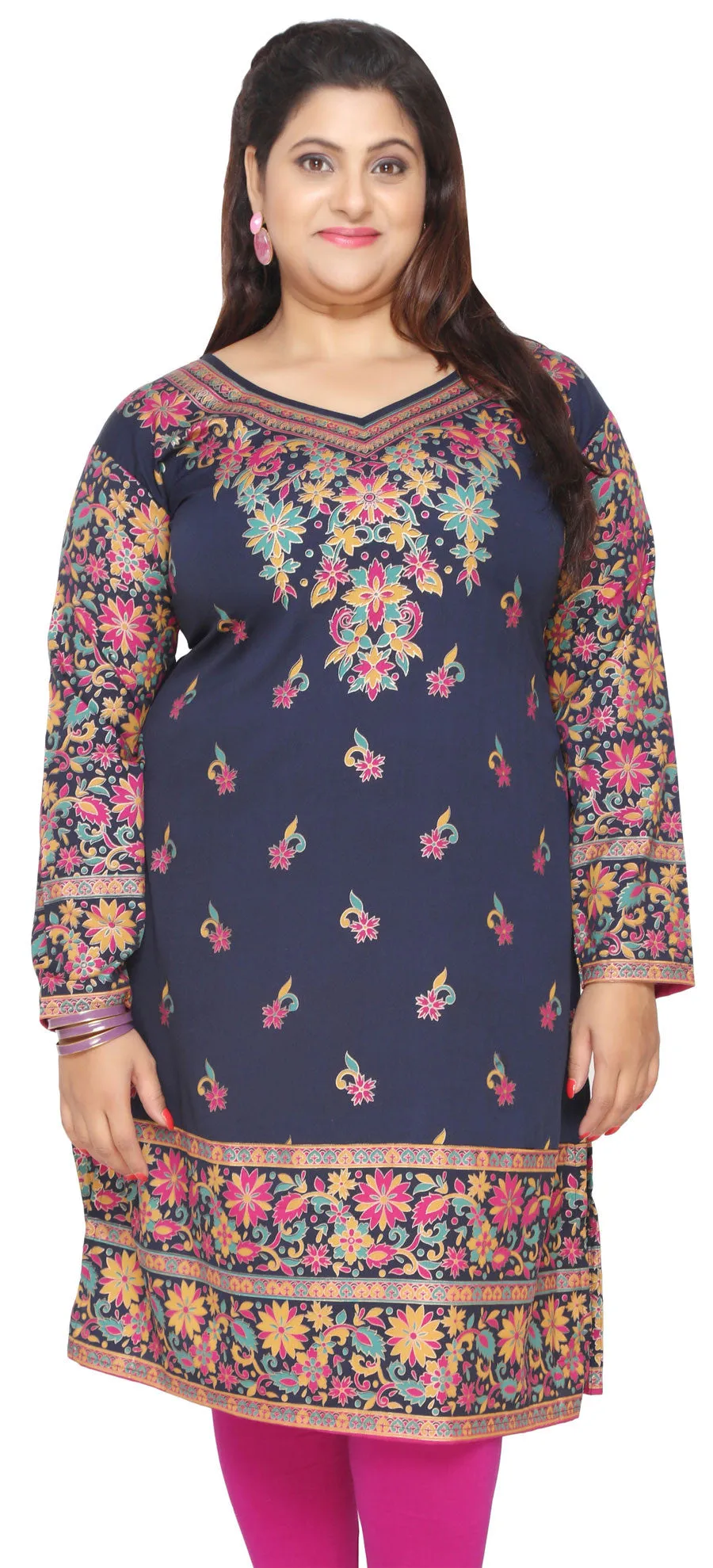 Tunic Long Top Kurti Womens Plus Size Indian Clothes (Blue)