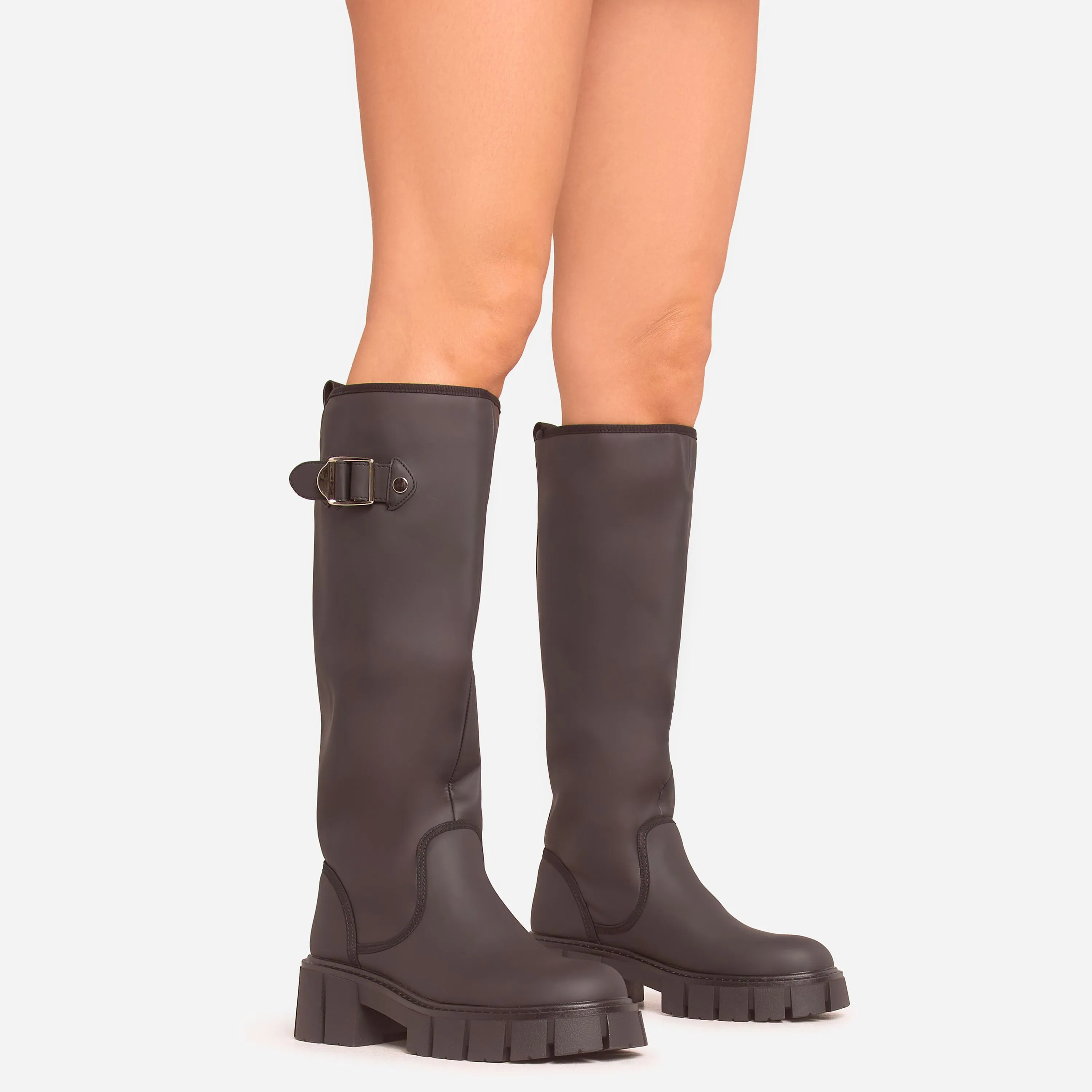 Una Buckle Detail Chunky Sole Knee High Long Wellington Boot In Black Rubber