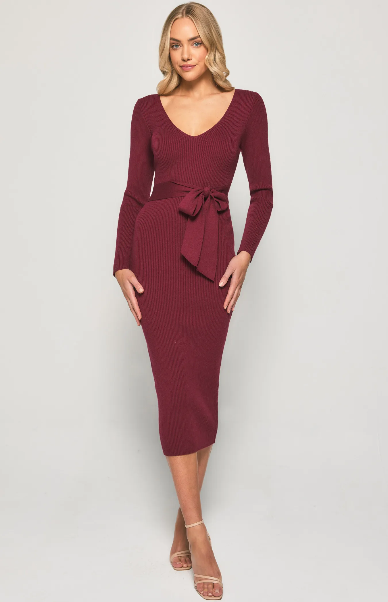 V-neck Fitted Knit Dress with Side Split (SKN473)