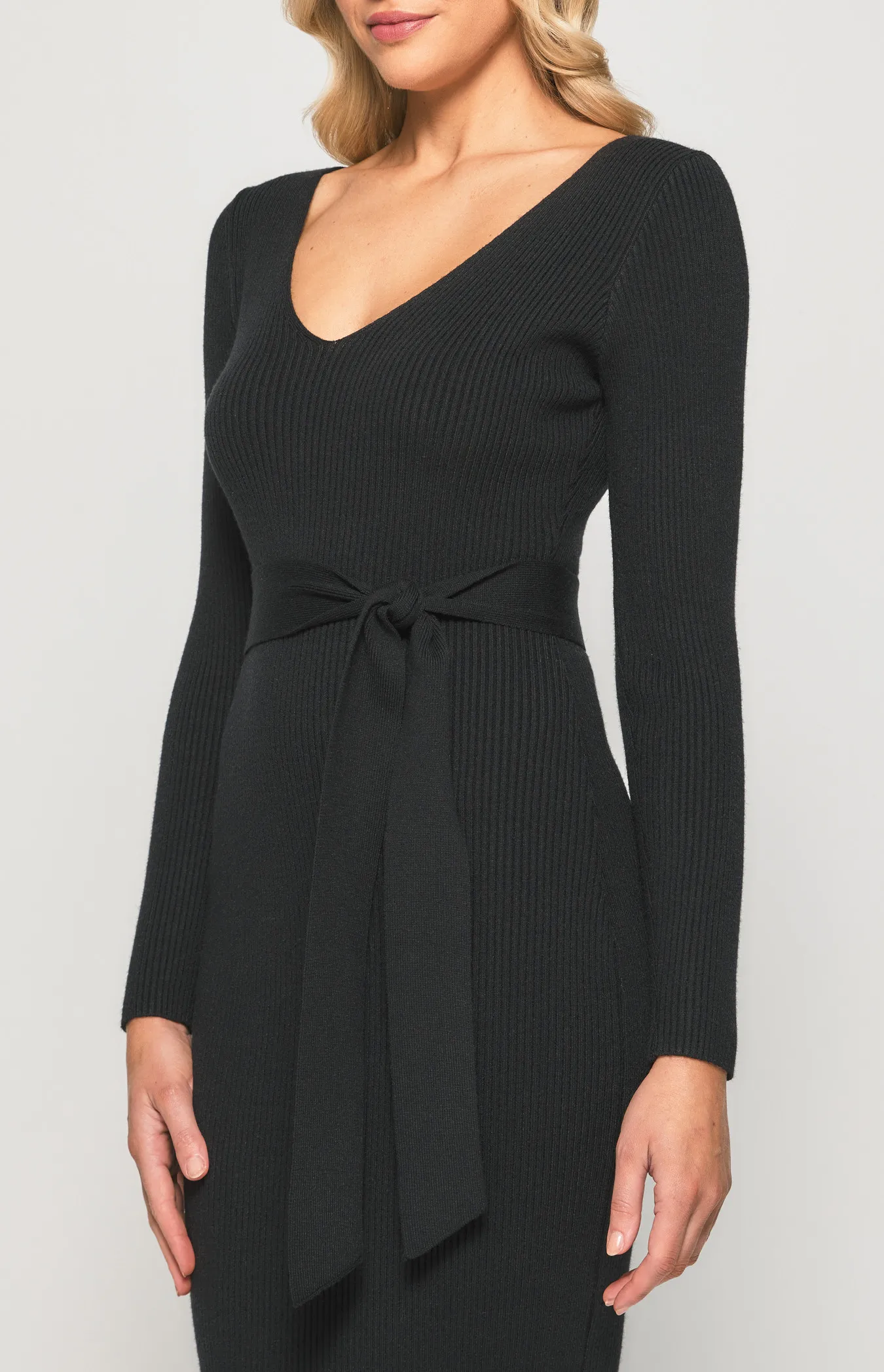 V-neck Fitted Knit Dress with Side Split (SKN473)