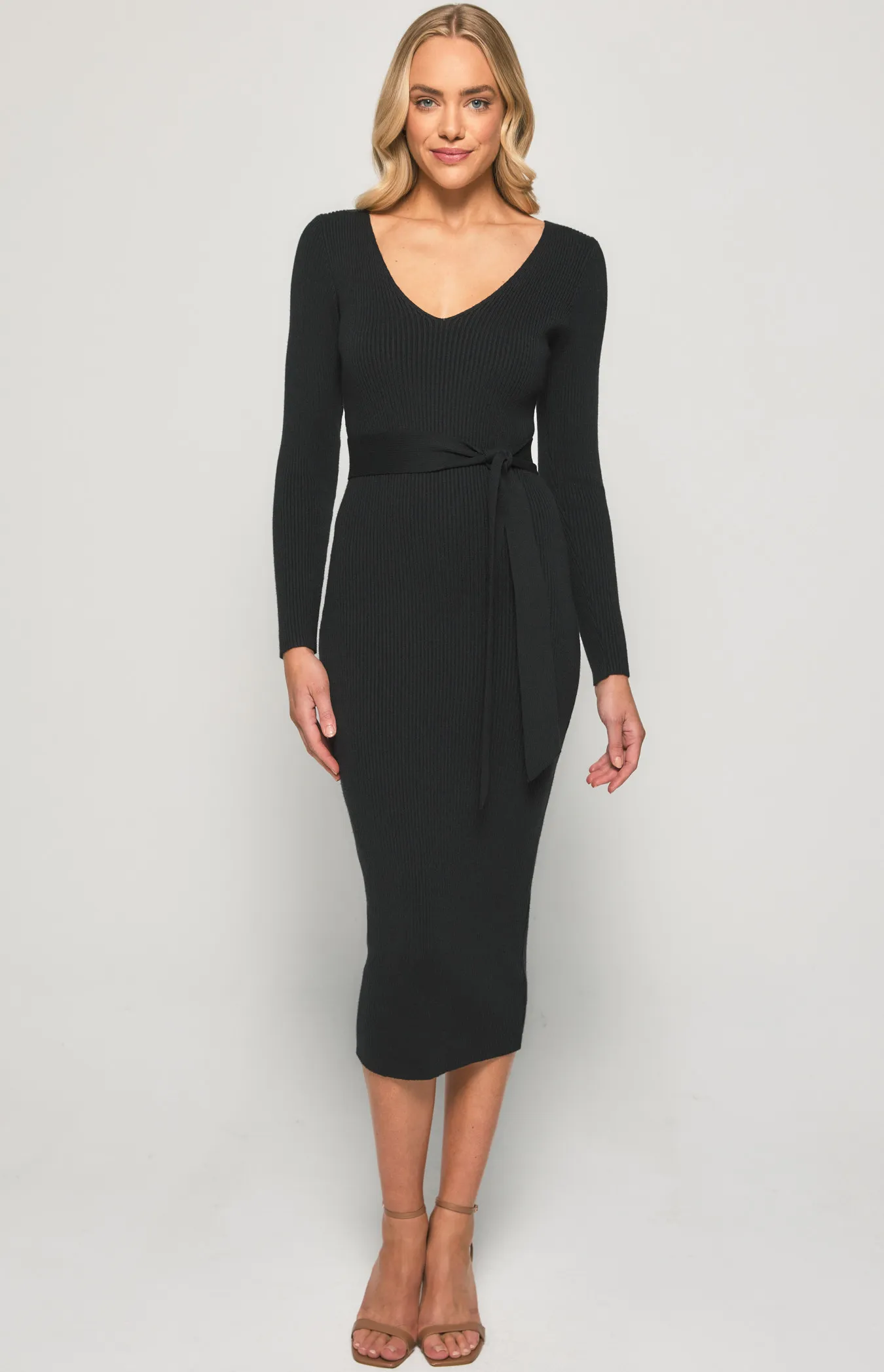 V-neck Fitted Knit Dress with Side Split (SKN473)