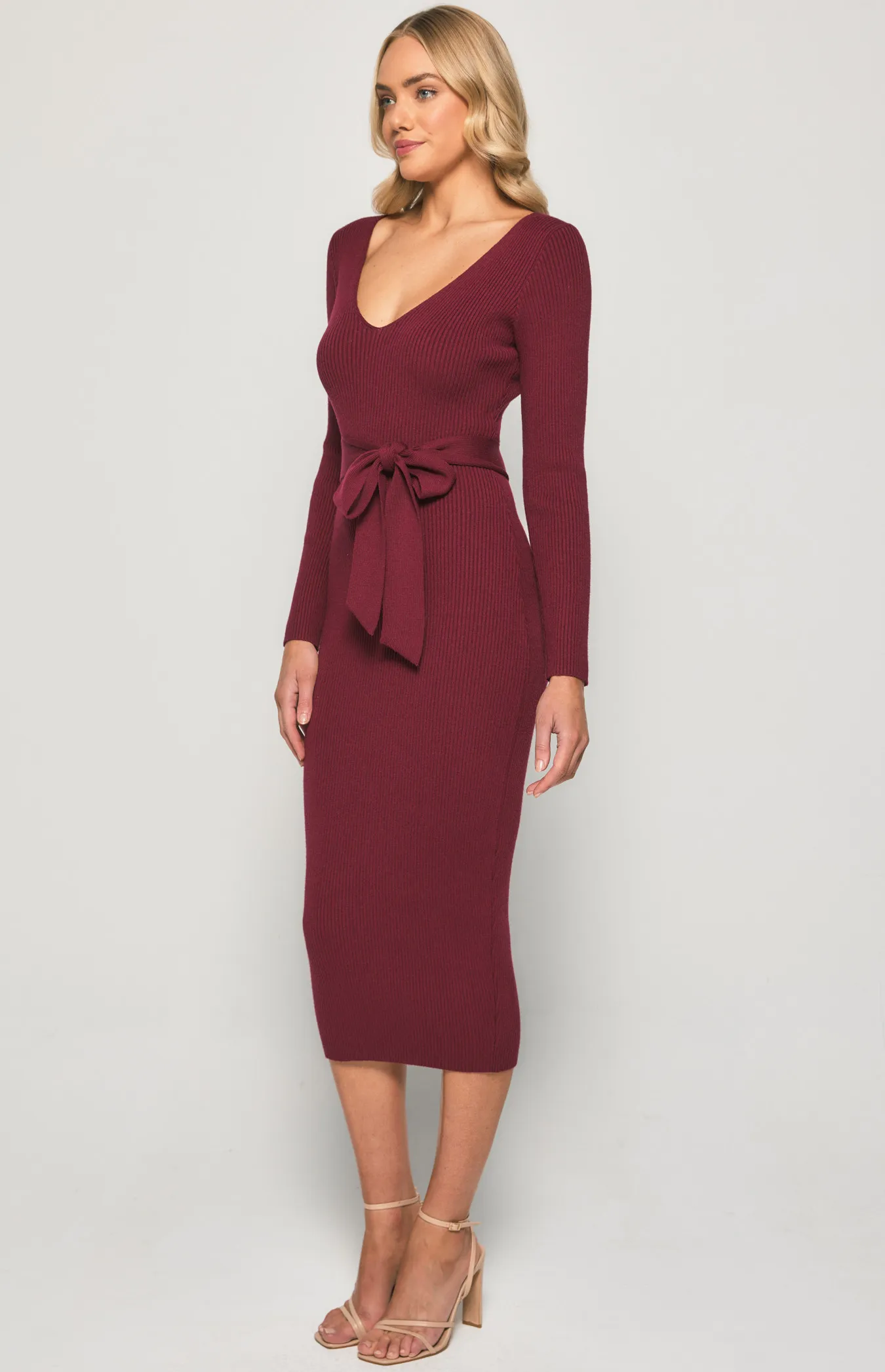 V-neck Fitted Knit Dress with Side Split (SKN473)