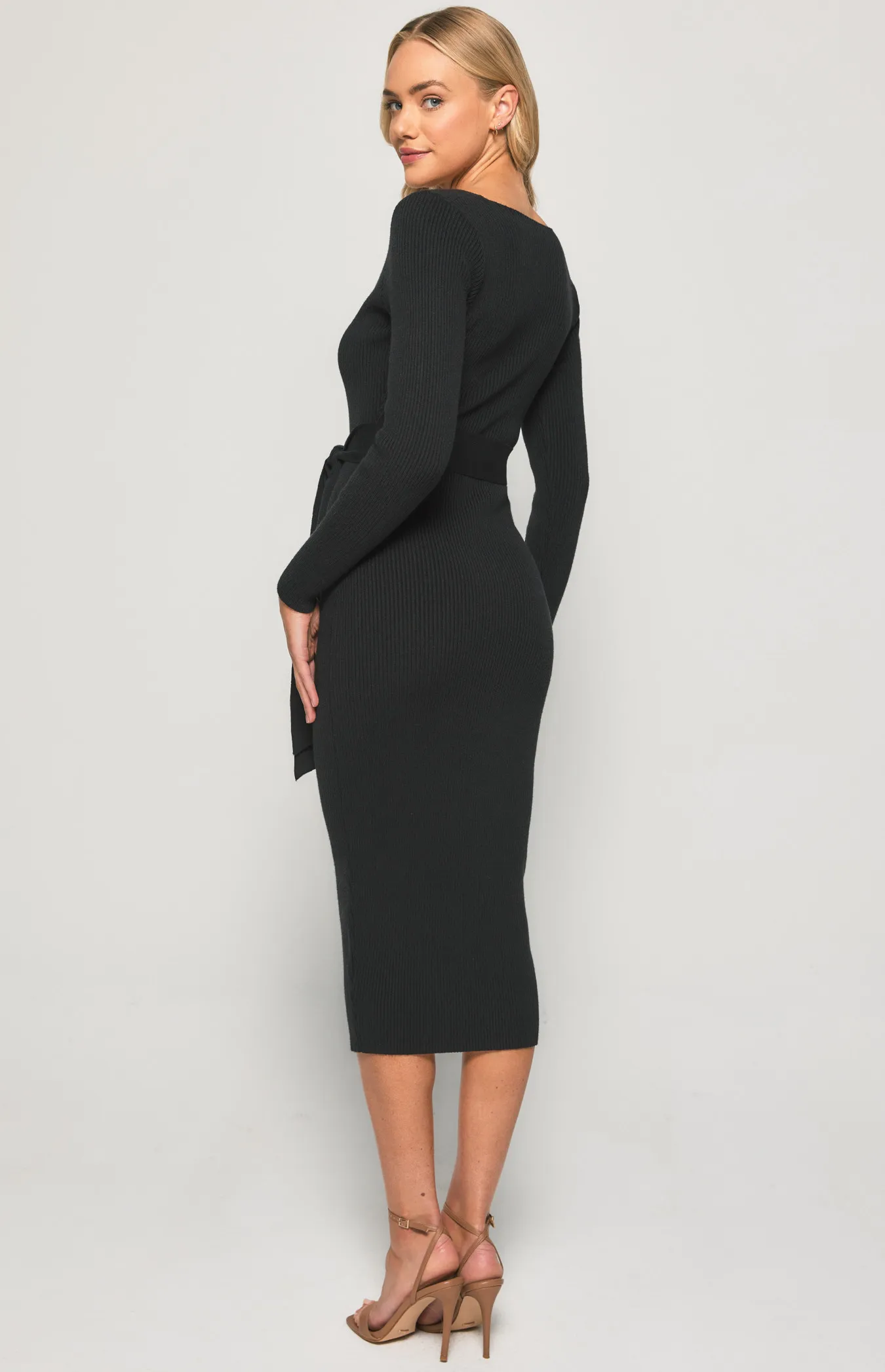 V-neck Fitted Knit Dress with Side Split (SKN473)