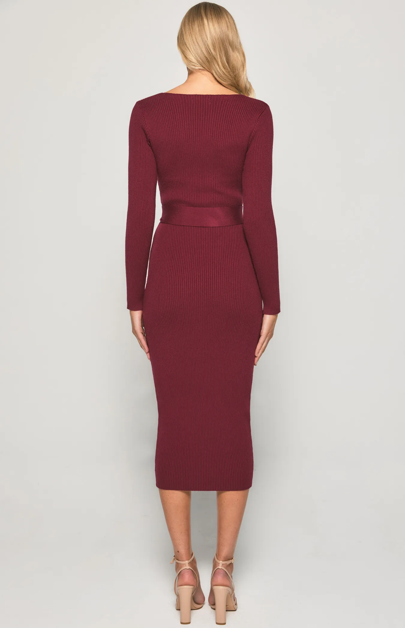 V-neck Fitted Knit Dress with Side Split (SKN473)