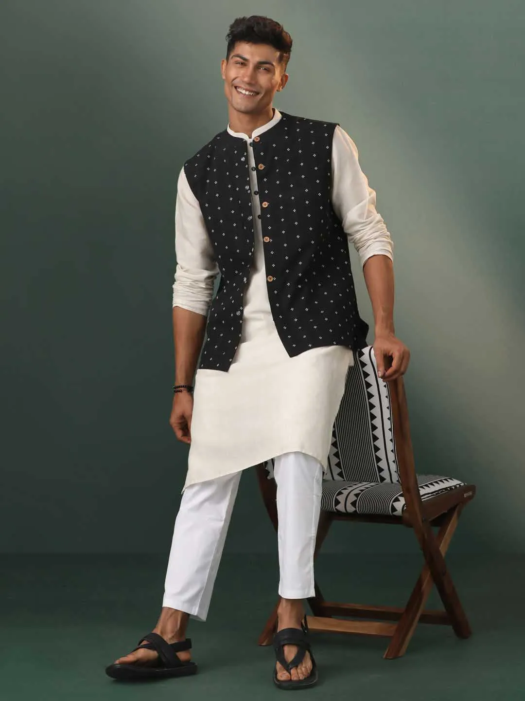 VASTRAMAY Men's Black Jacquard Cotton Jacket Kurta Pyjama Set