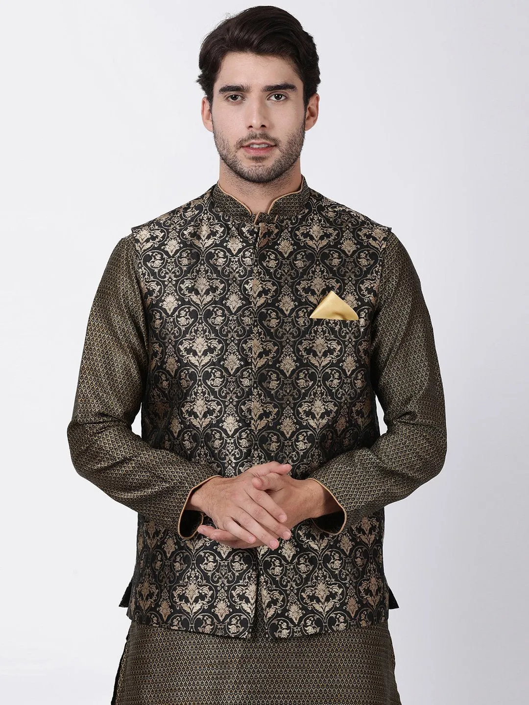 VASTRAMAY Men's Black Silk Blend Ethnic Jacket