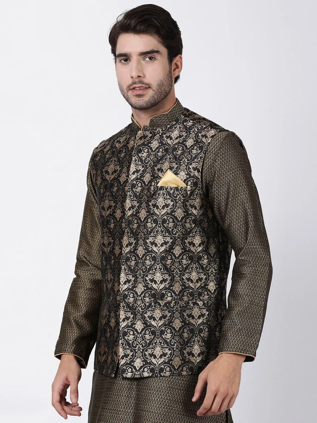 VASTRAMAY Men's Black Silk Blend Ethnic Jacket