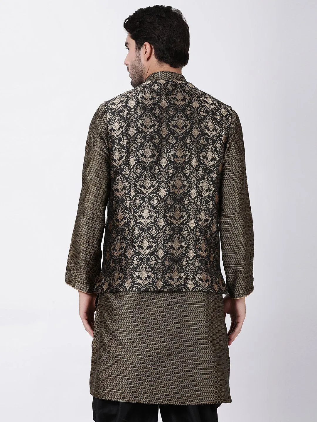 VASTRAMAY Men's Black Silk Blend Ethnic Jacket