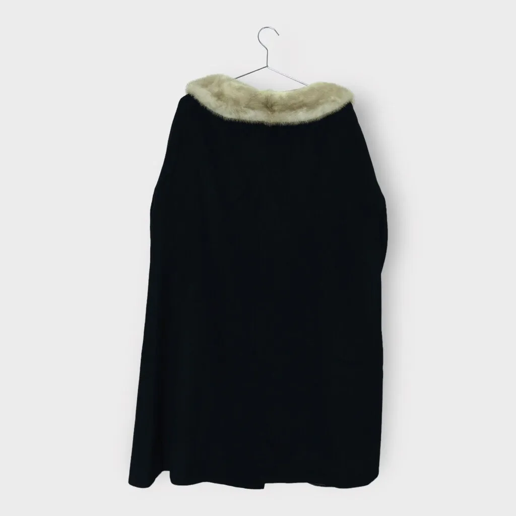 Vintage Black Felt Longline Coat with Cream Fur Trim