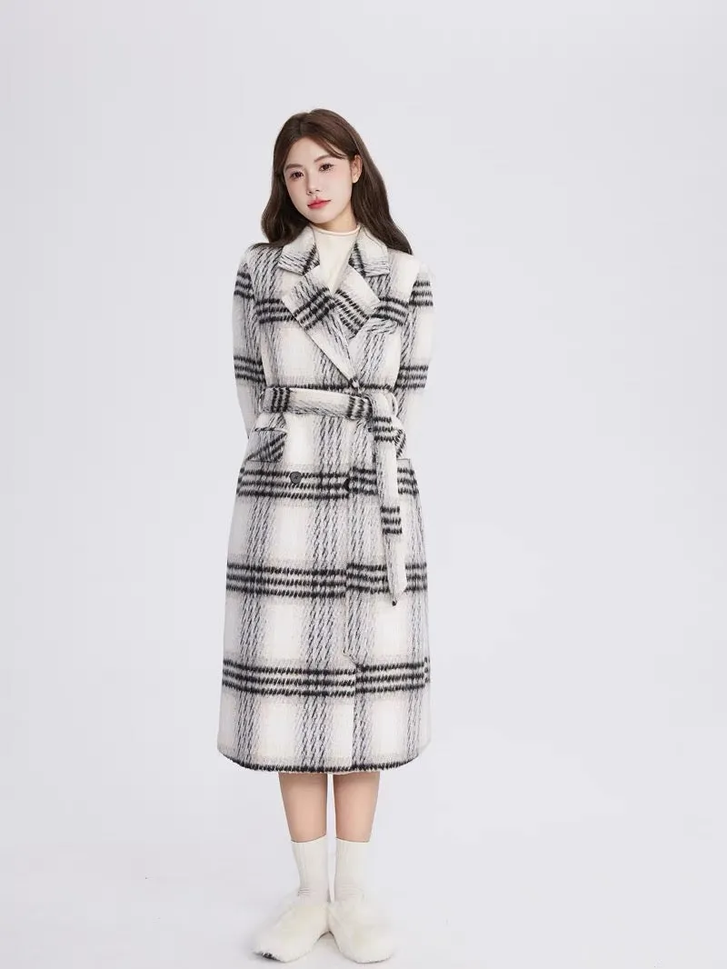 Volstagg black and white plaid woolen coat for women autumn and winter Korean style high-end mid-length woolen coat