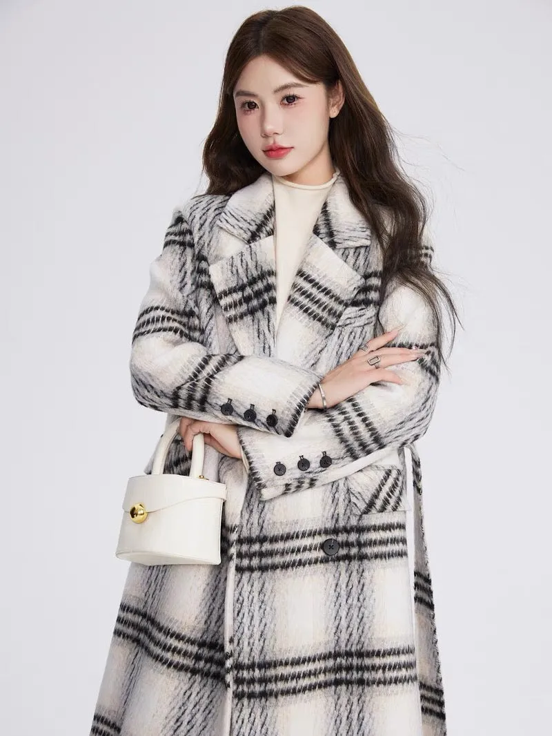 Volstagg black and white plaid woolen coat for women autumn and winter Korean style high-end mid-length woolen coat