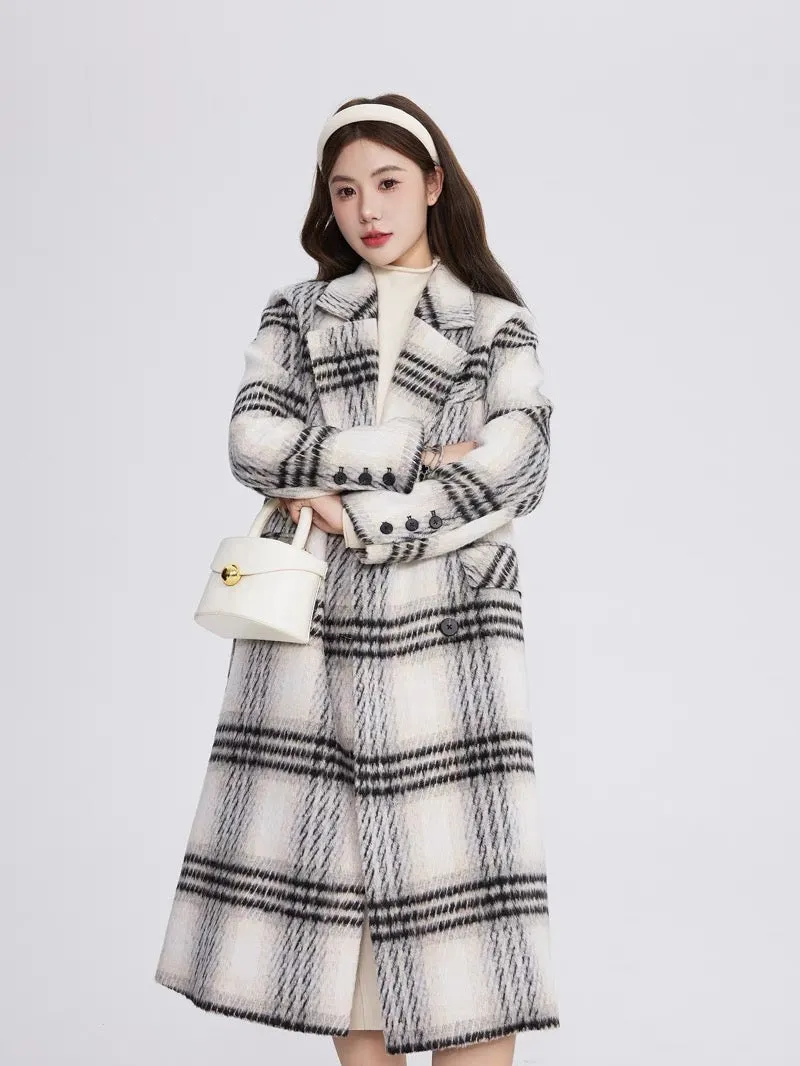 Volstagg black and white plaid woolen coat for women autumn and winter Korean style high-end mid-length woolen coat