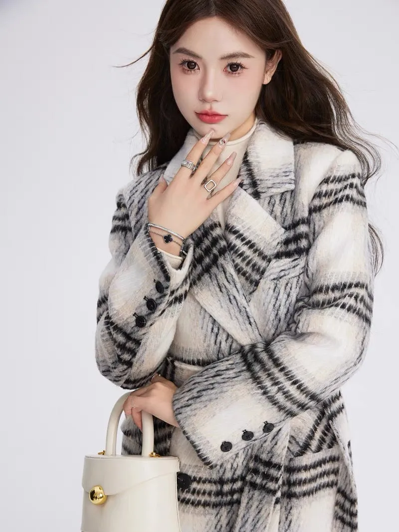 Volstagg black and white plaid woolen coat for women autumn and winter Korean style high-end mid-length woolen coat