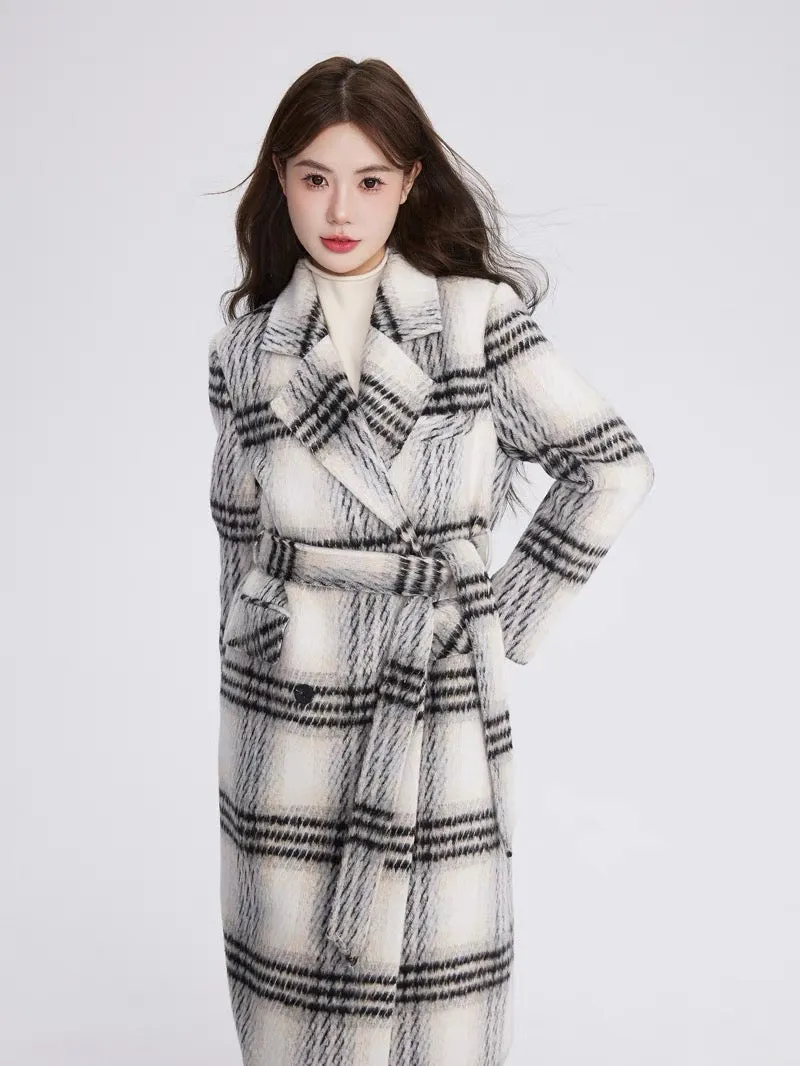 Volstagg black and white plaid woolen coat for women autumn and winter Korean style high-end mid-length woolen coat