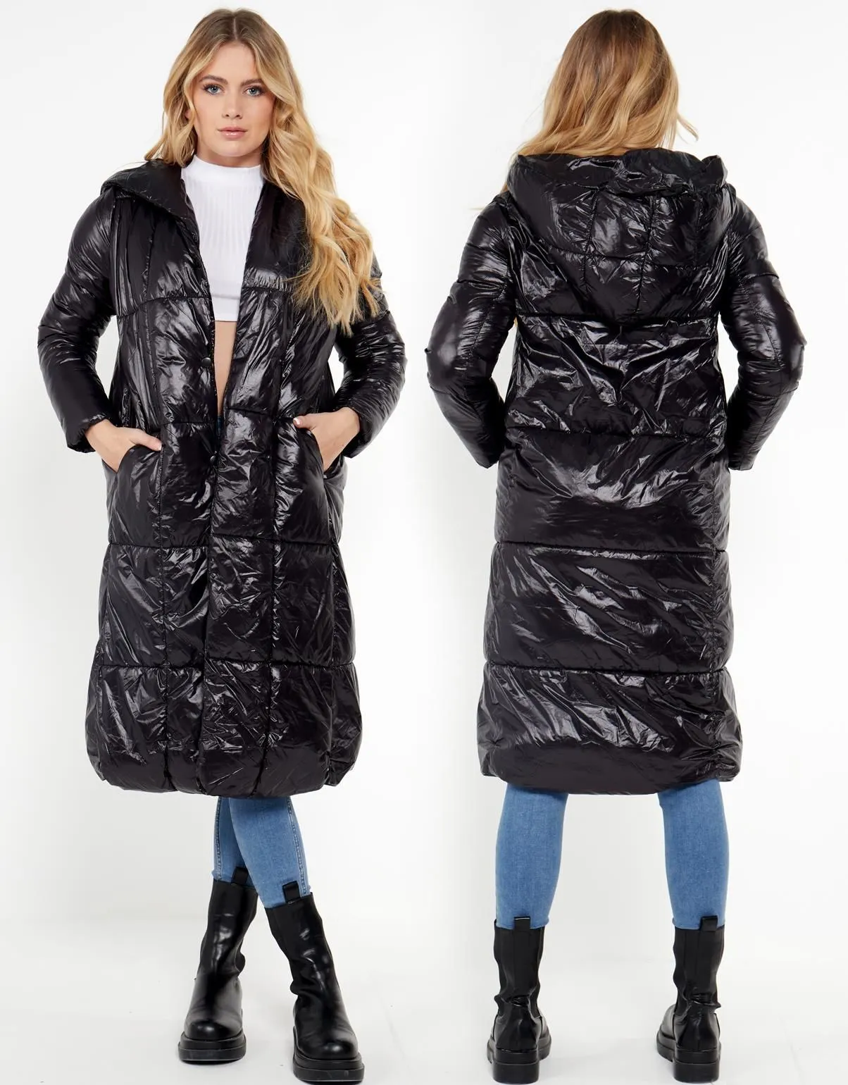 Wet Look Square Quilt Long Coat, UK Sizes 8 to 16