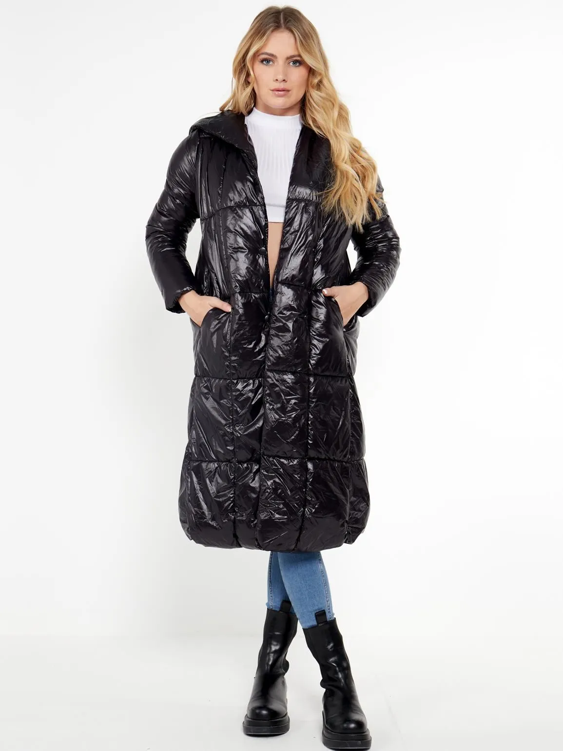 Wet Look Square Quilt Long Coat, UK Sizes 8 to 16