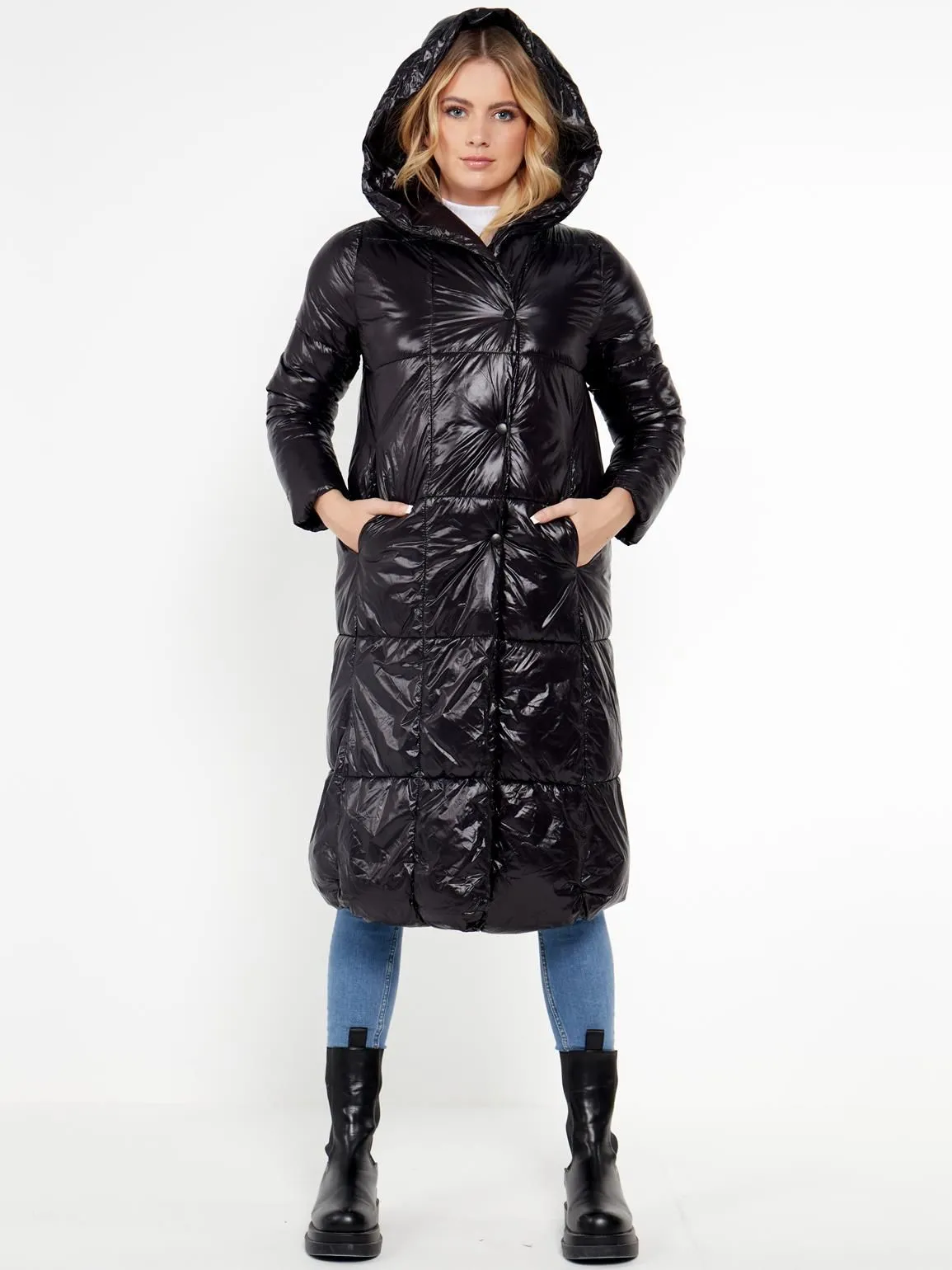 Wet Look Square Quilt Long Coat, UK Sizes 8 to 16