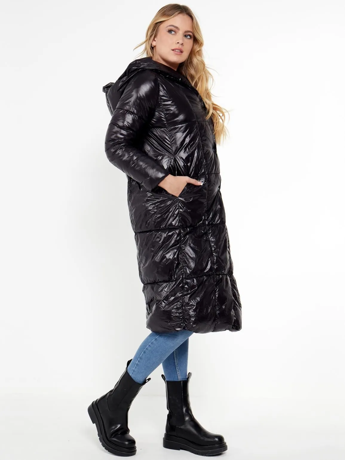 Wet Look Square Quilt Long Coat, UK Sizes 8 to 16