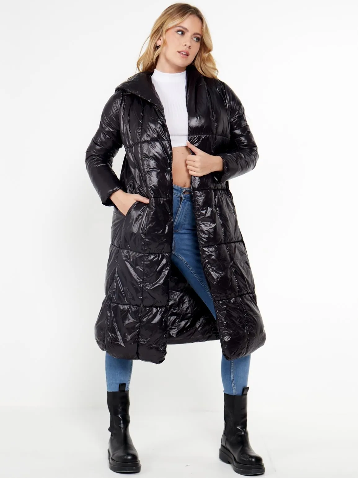 Wet Look Square Quilt Long Coat, UK Sizes 8 to 16