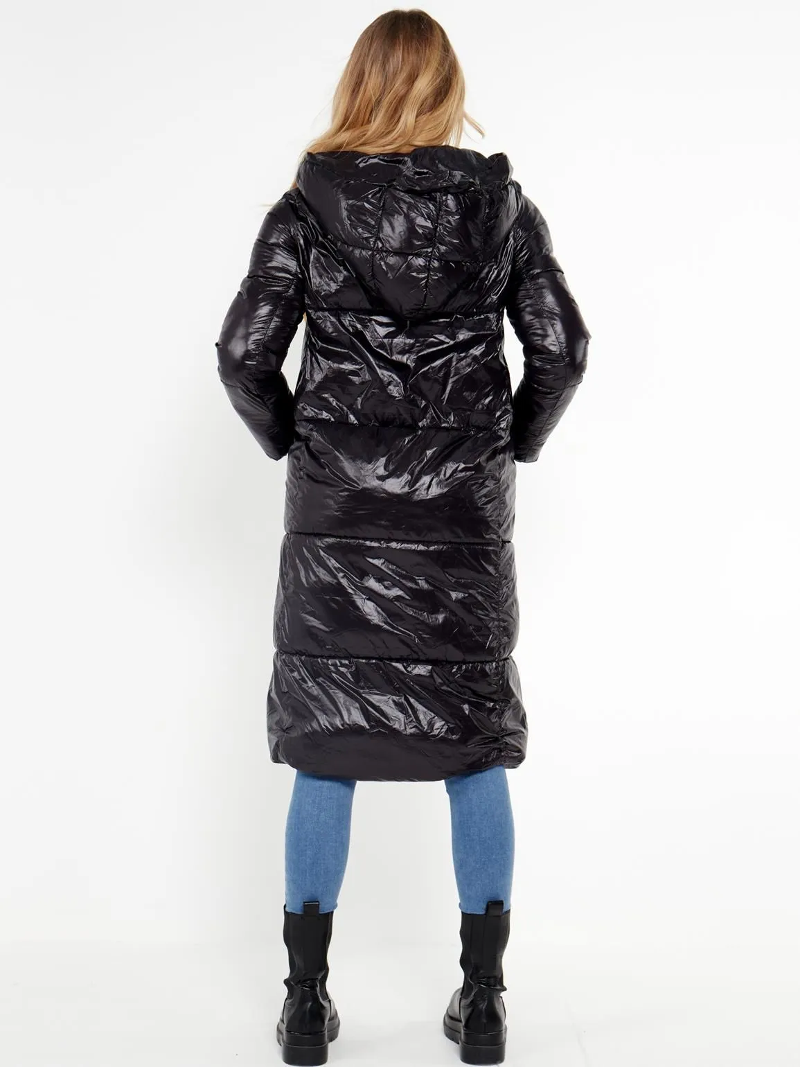 Wet Look Square Quilt Long Coat, UK Sizes 8 to 16