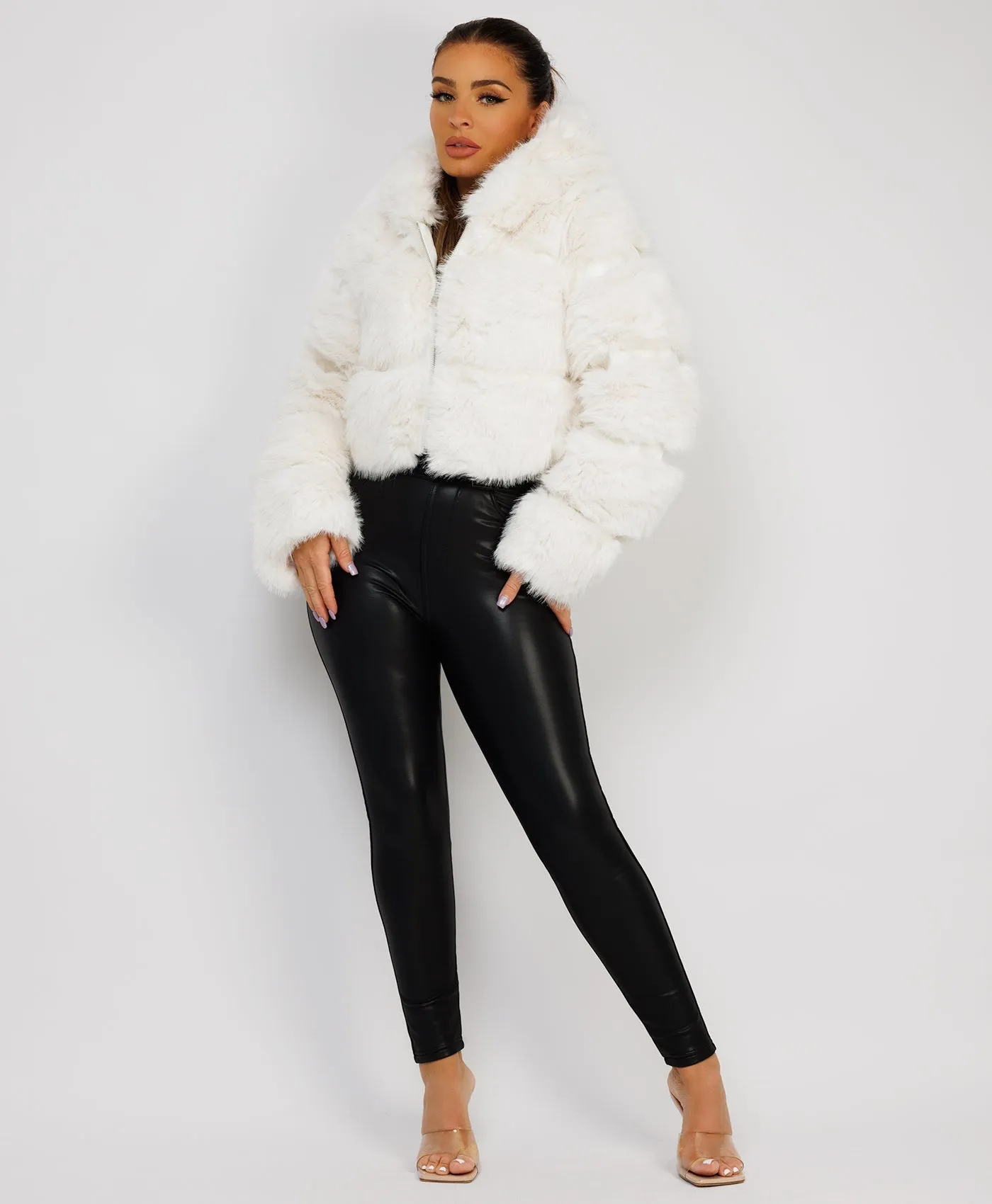 White Premium Hooded Faux Fur Tiered Coat Jacket