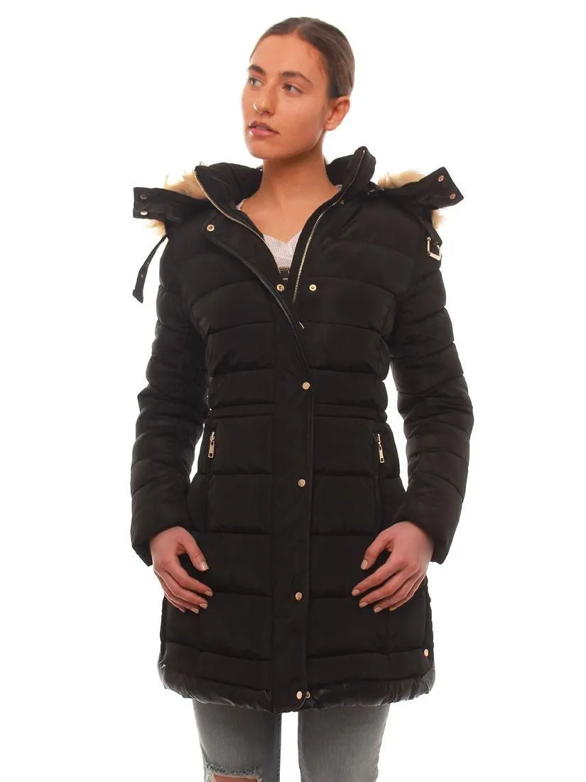 Womens Longline Puffer Parka Coat with Faux Fur, Black, Mustard, Stone, Size 8 to 16