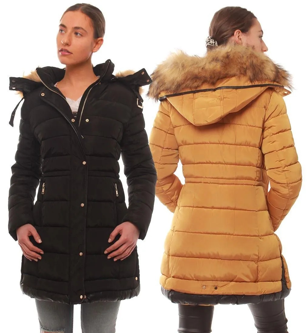 Womens Longline Puffer Parka Coat with Faux Fur, Black, Mustard, Stone, Size 8 to 16