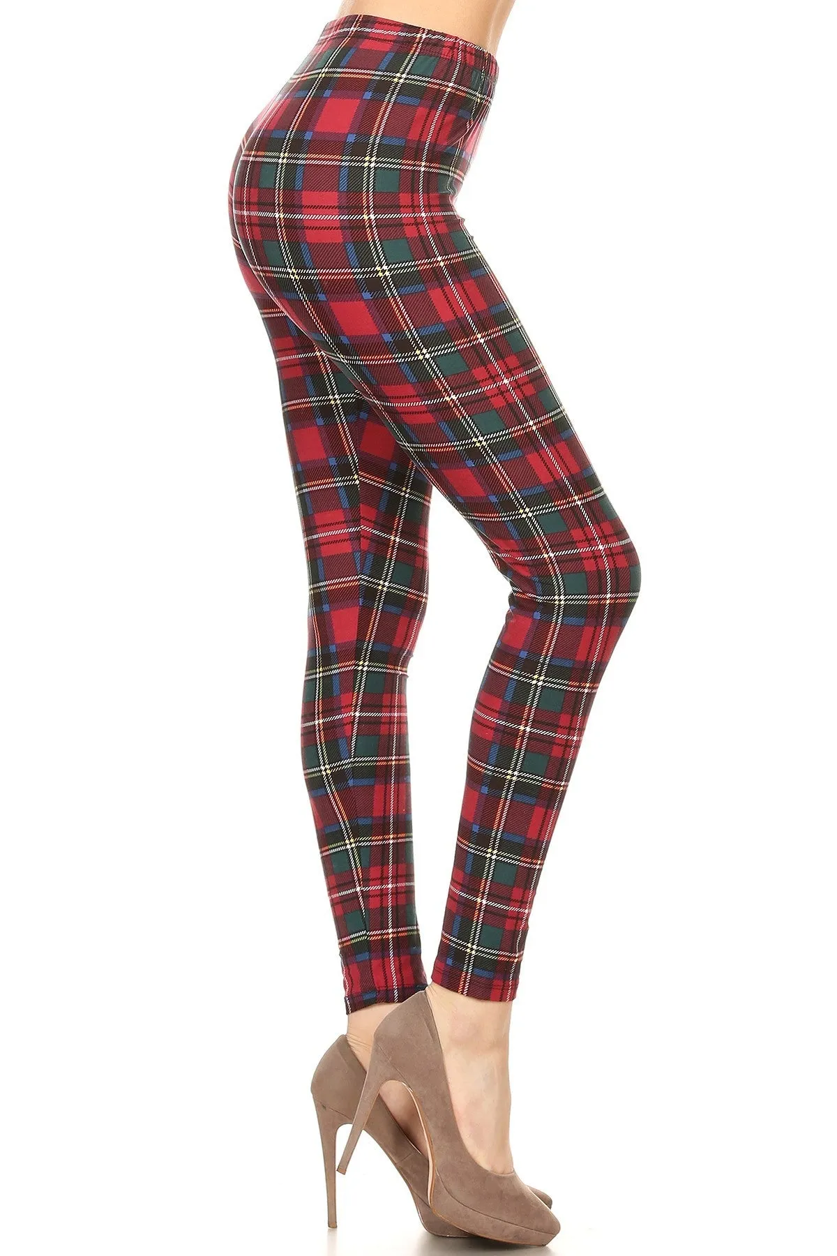 Women's Plus Burgundy Green Plaid Pattern Printed Leggings