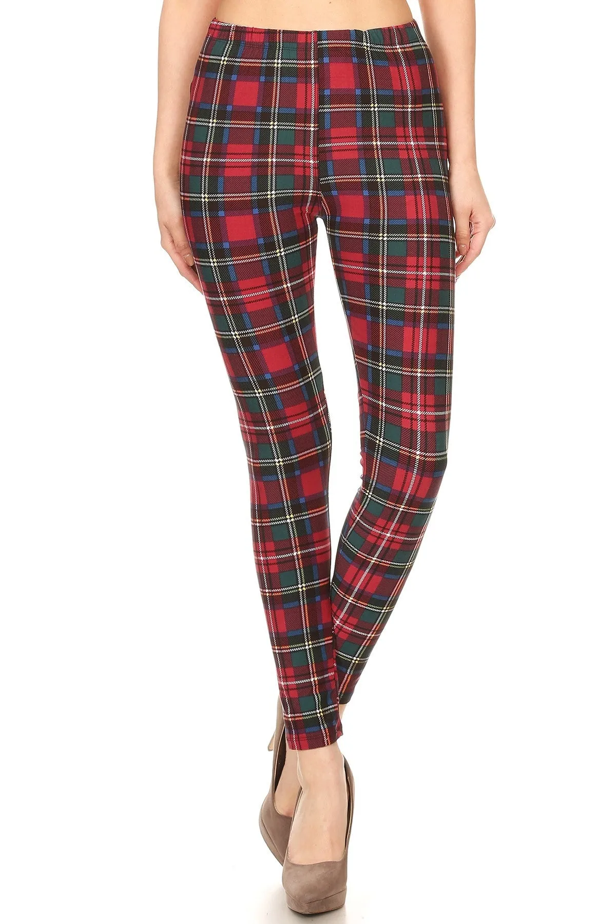 Women's Plus Burgundy Green Plaid Pattern Printed Leggings