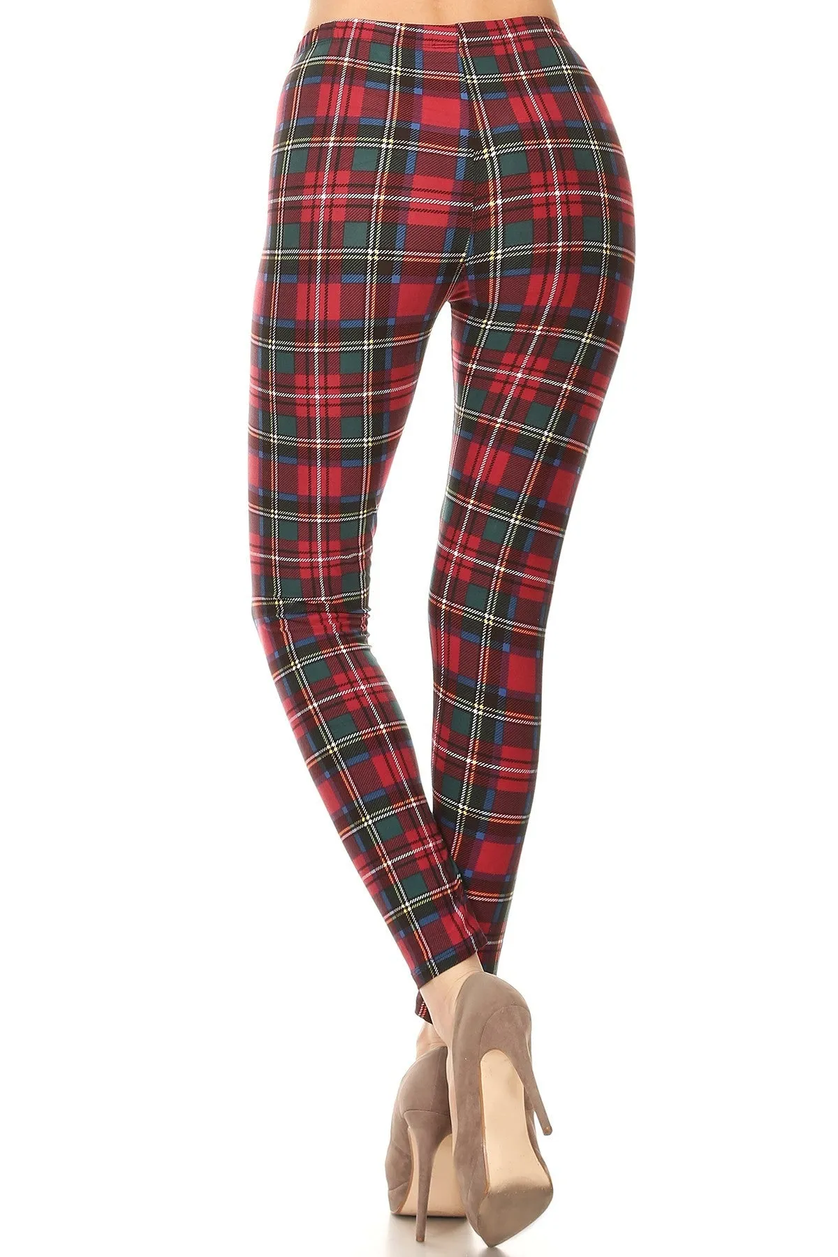 Women's Plus Burgundy Green Plaid Pattern Printed Leggings