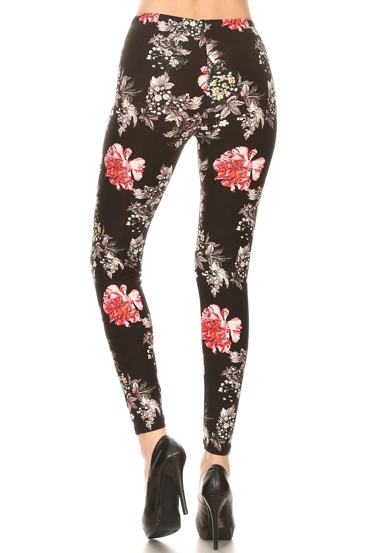 Women's Plus Red Big Yellow Small Flower Pattern Printed Leggings