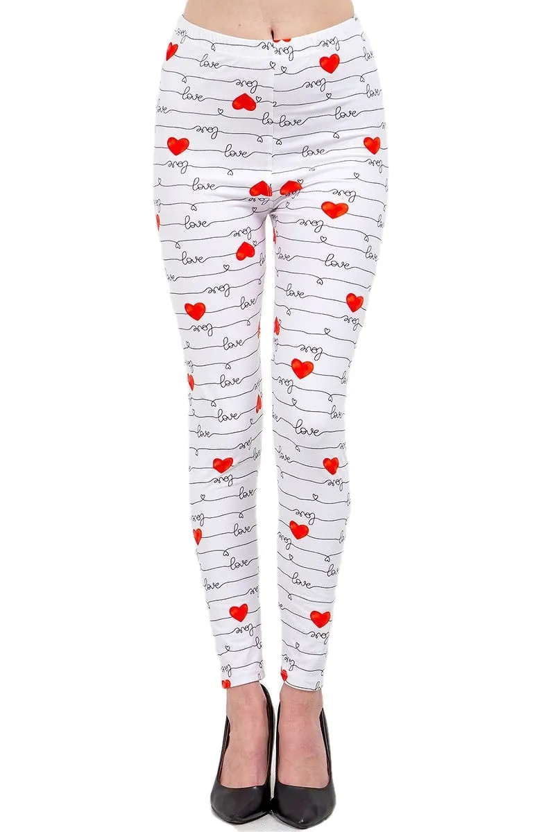 Women's Regular Love & Heart White Pattern Printed Leggings