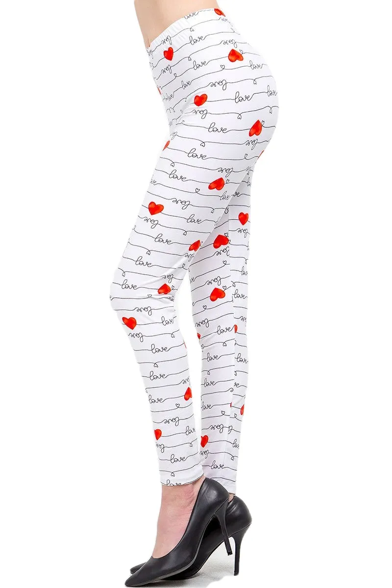 Women's Regular Love & Heart White Pattern Printed Leggings