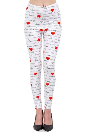 Women's Regular Love & Heart White Pattern Printed Leggings