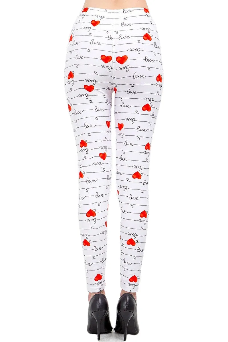 Women's Regular Love & Heart White Pattern Printed Leggings