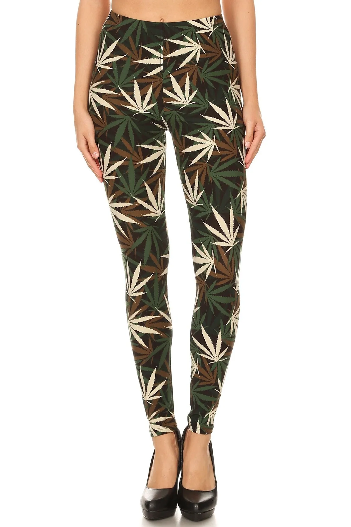 Women's Regular Olive Brown Leaf Cannabis Pattern Printed Leggings