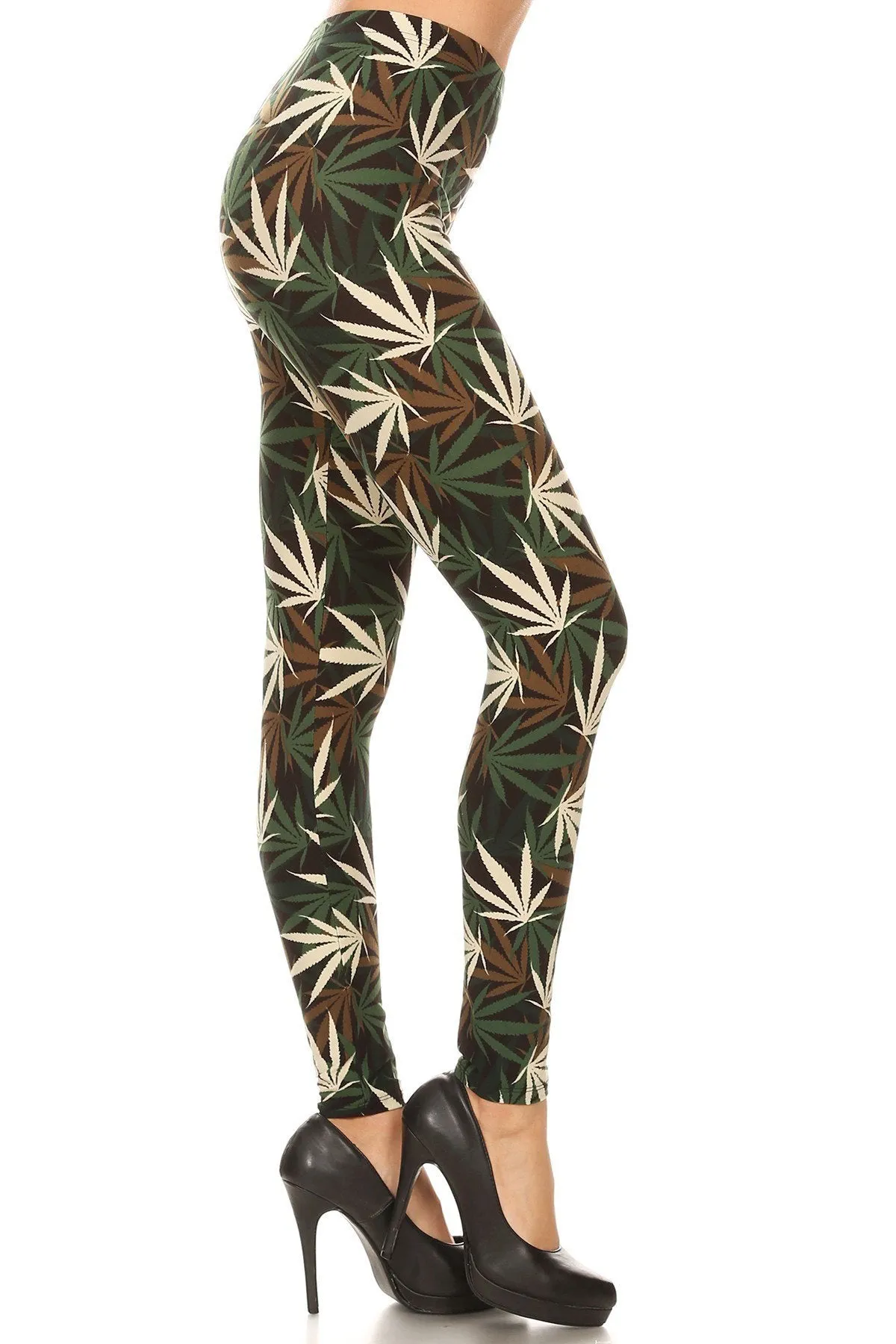 Women's Regular Olive Brown Leaf Cannabis Pattern Printed Leggings